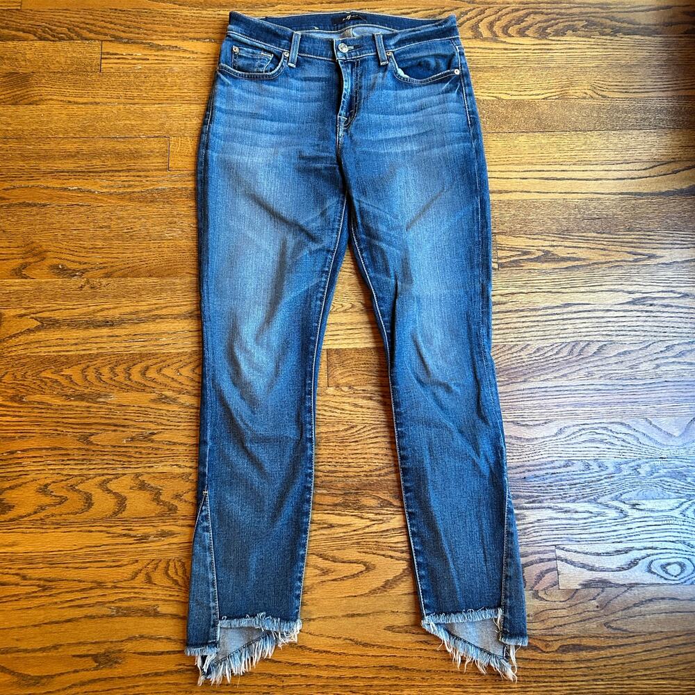 7 For All Mankind High-Waist Slim Kick Flare Jeans Raw Hem Side Split Size 27